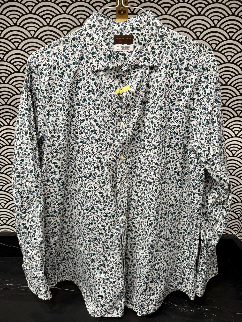 Thomas Dean White Button-Down Shirt with Green Floral Pattern